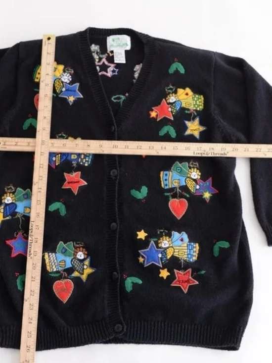 Black Cardigan with Colorful Embroidered Stars & Hearts - Picture 3 of 6